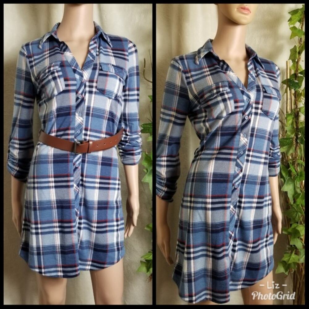 No Comment | Plaid Button Down Rolltab Long Sleeve Soft Dress